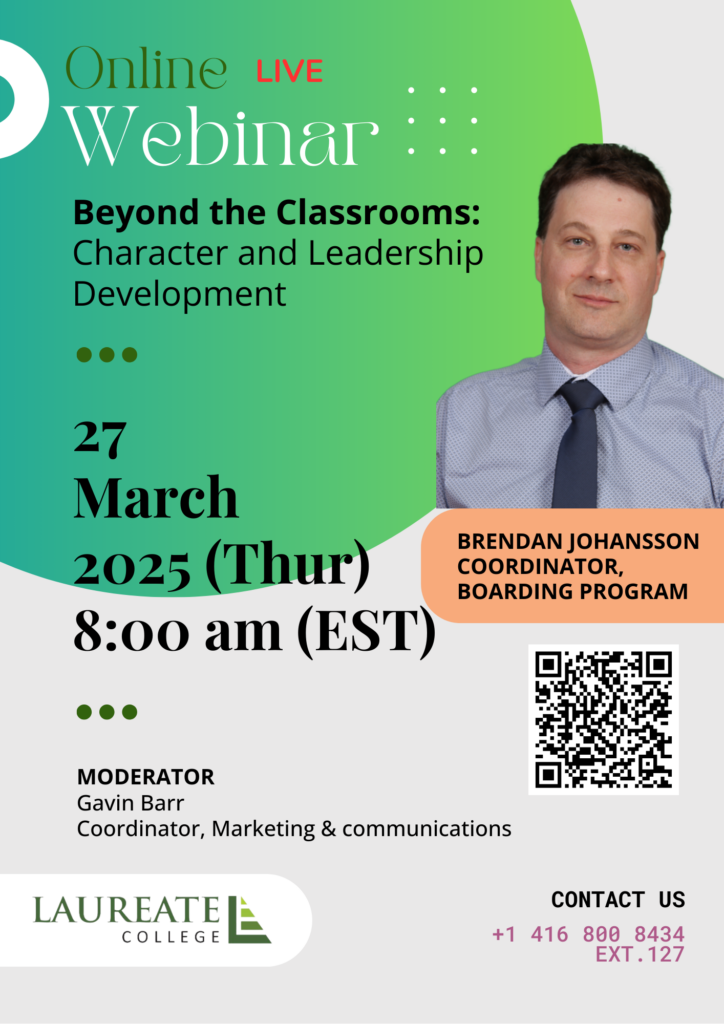 poster advertising a private school in Burlington hosting a character and leadership development webinar