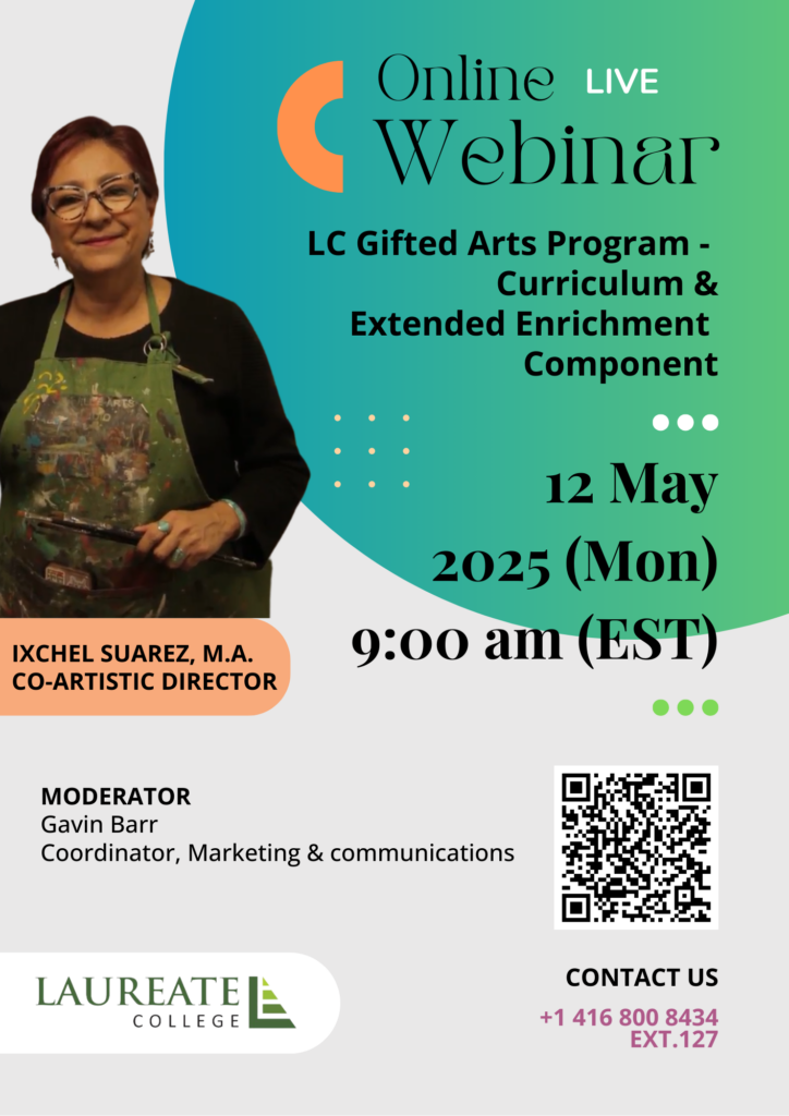 Poster advertising a webinar on the gifted arts program of a private boarding and day school in Burlington Ontario