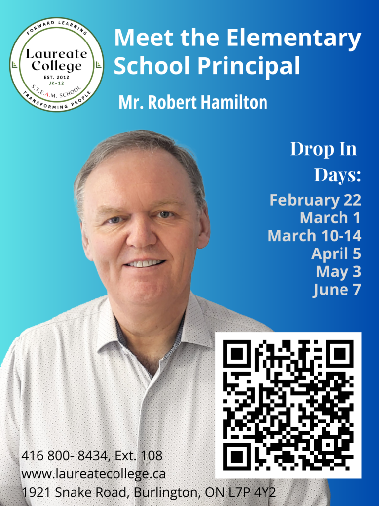 Poster for meet the principal events at Laureate College, a school in Burlington Ontario