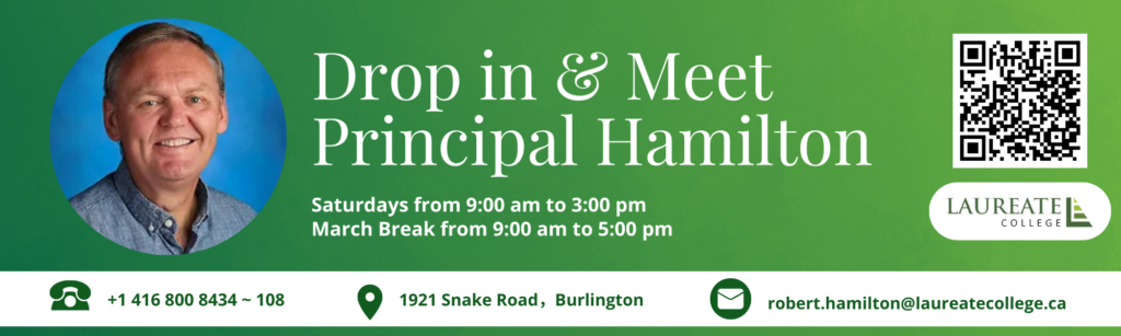 Banner graphic advertising a drop-in day to meet the principal of a private boarding school in Burlington, Ontario