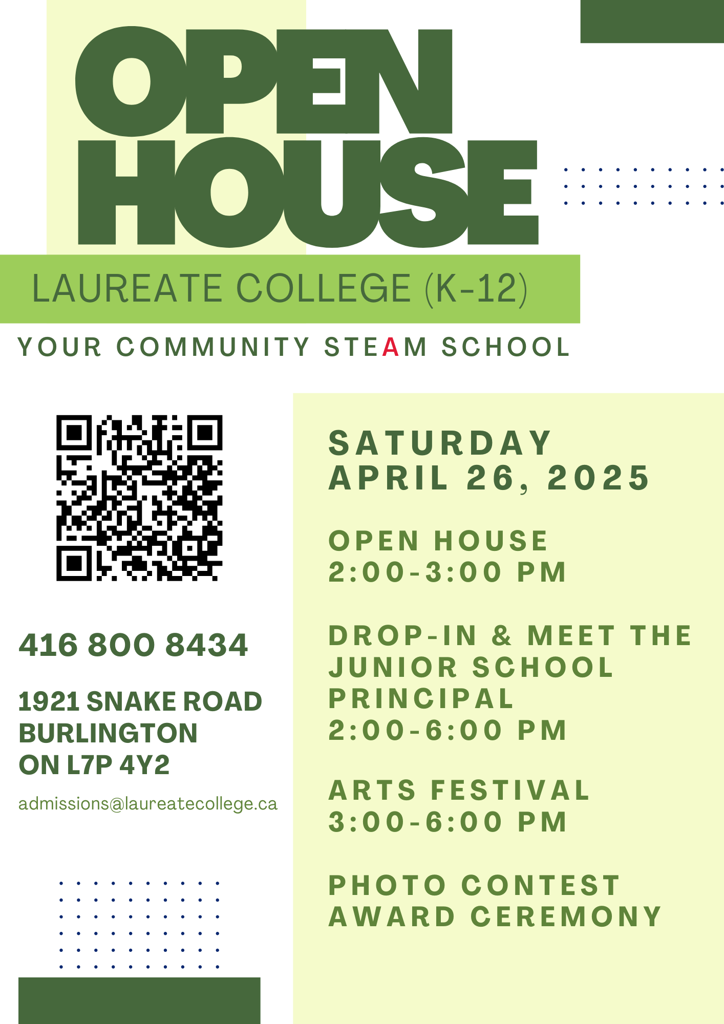 Poster advertising an Open House and Arts Festival hosted by Laureate College, a private school in Burlington, Ontario