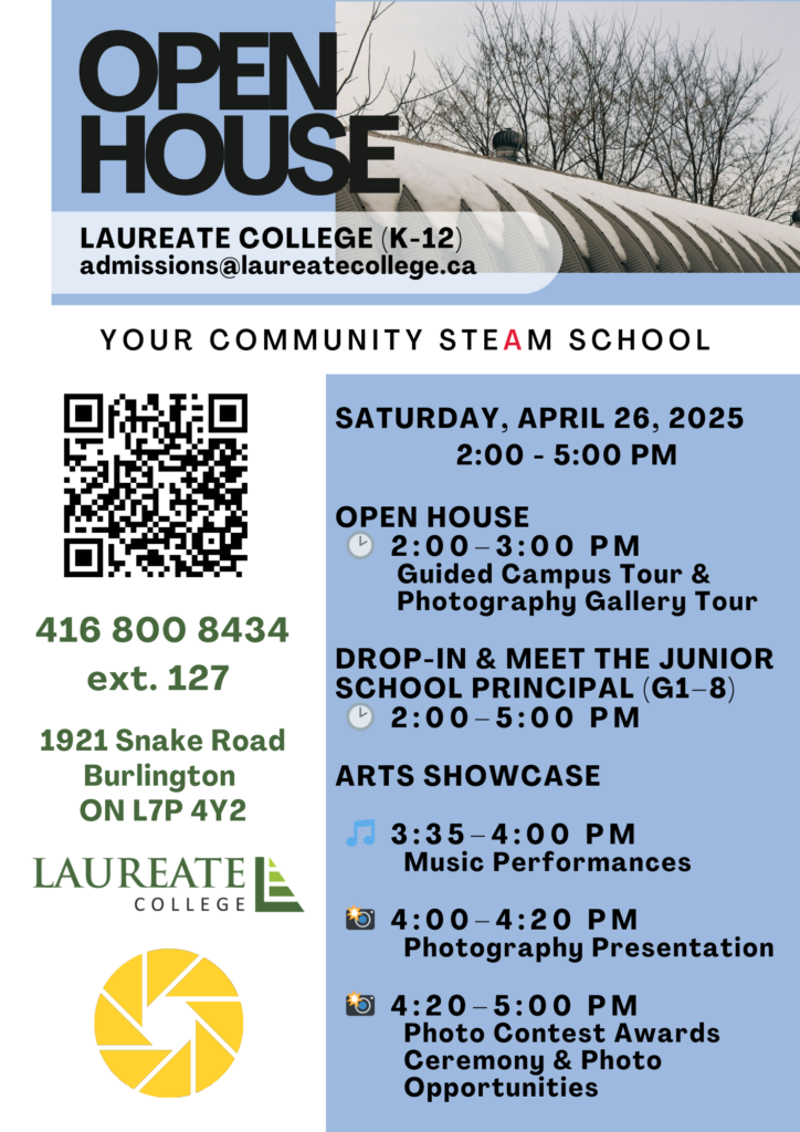 Poster advertising an Open House and Art Festival hosted by Laureate College, a private school located in Burlington, Ontario Canada
